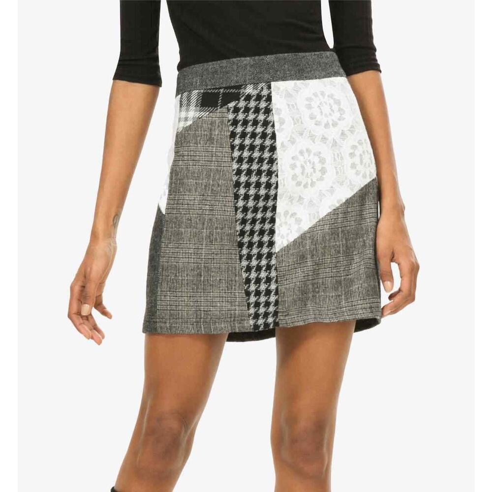 Desigual Women's Skirt Laly Mini Size 40 Gray‎ Patchwork Herringbone US 6 Wool